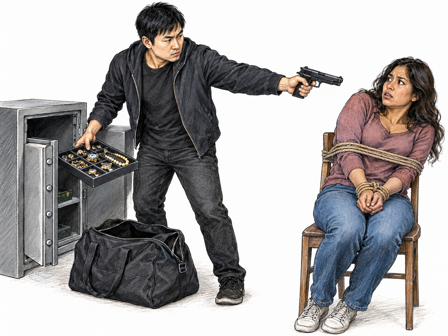 An armed robber empties an open safe while holding a bound, frightened hostage at gunpoint: an unmistakably serious criminal act rather than merely suspicious behavior.