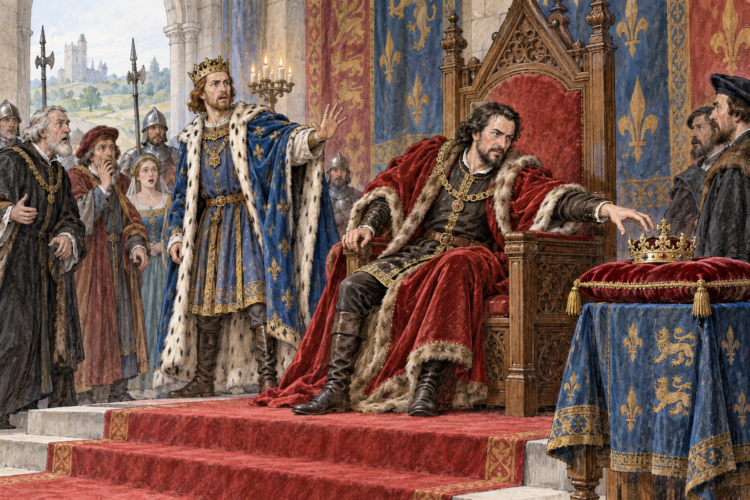 A storybook medieval royal hall: an ambitious adult noble places himself in the throne and reaches for a crown on its cushion while the rightful ruler stands beside the throne protesting with an open hand and surprised courtiers witness.