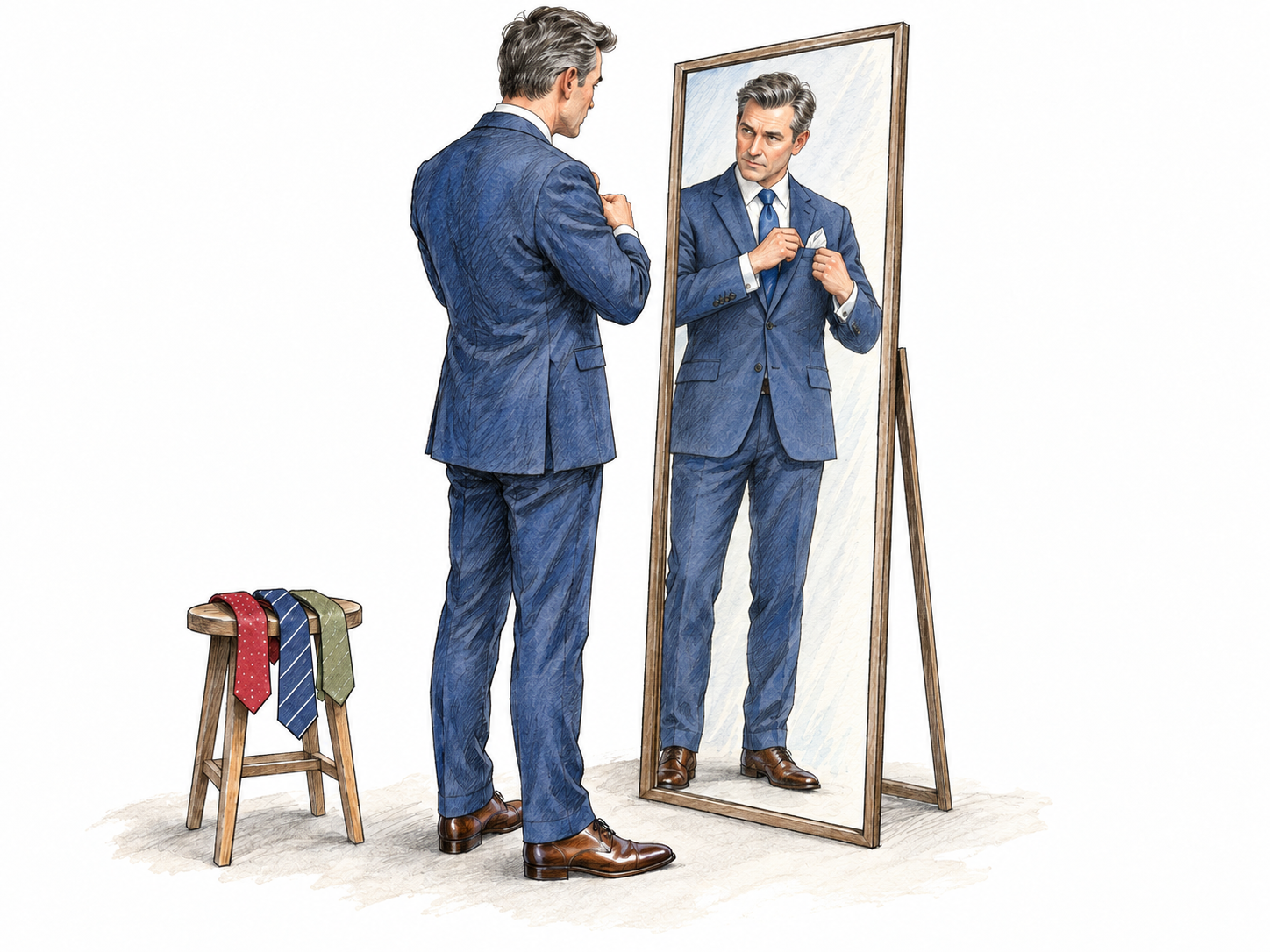 A stylishly dressed man fusses over the precise angle of his pocket square in a full-length mirror, with several alternate ties laid nearby, conveying excessive attention to his appearance.