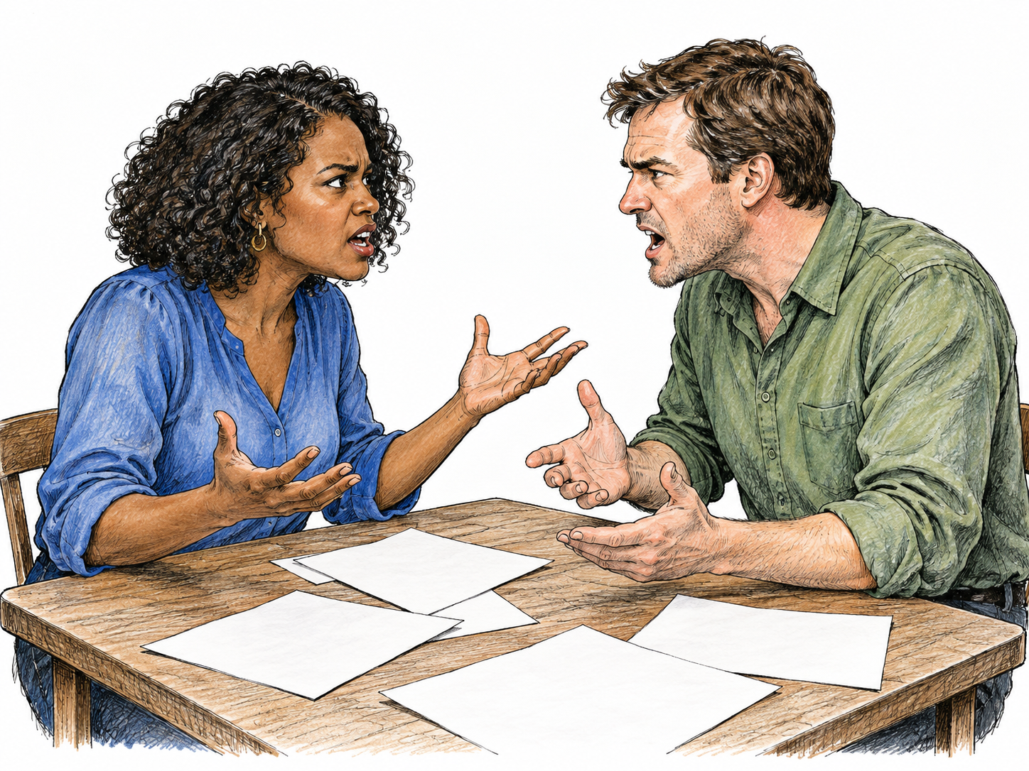 Two adults in heated argument across small table, emphatic gestures and intensely conflicting faces, scattered blank paper; neither violent nor smiling; isolated figures.