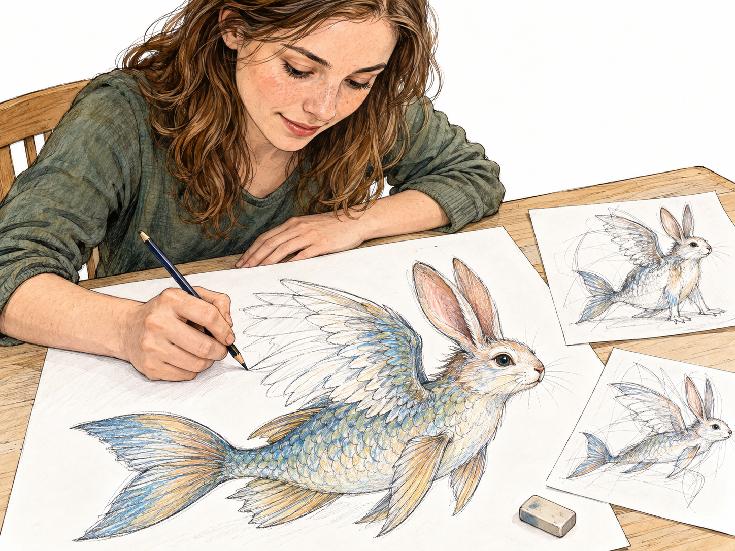 An imaginary creature visibly invented through exploratory drawing: the same woman experiments with different combinations of animal features, then develops one into a finished fanciful creature.