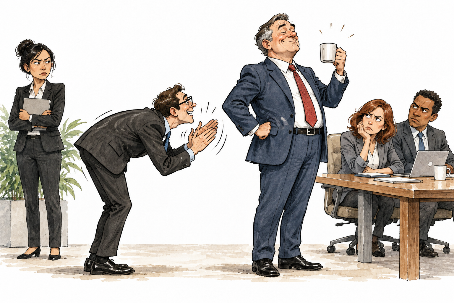 Suited aide excessively bows and applauds boss for a trivial action while colleagues exchange skeptical looks, insincere servile flattery, no text.