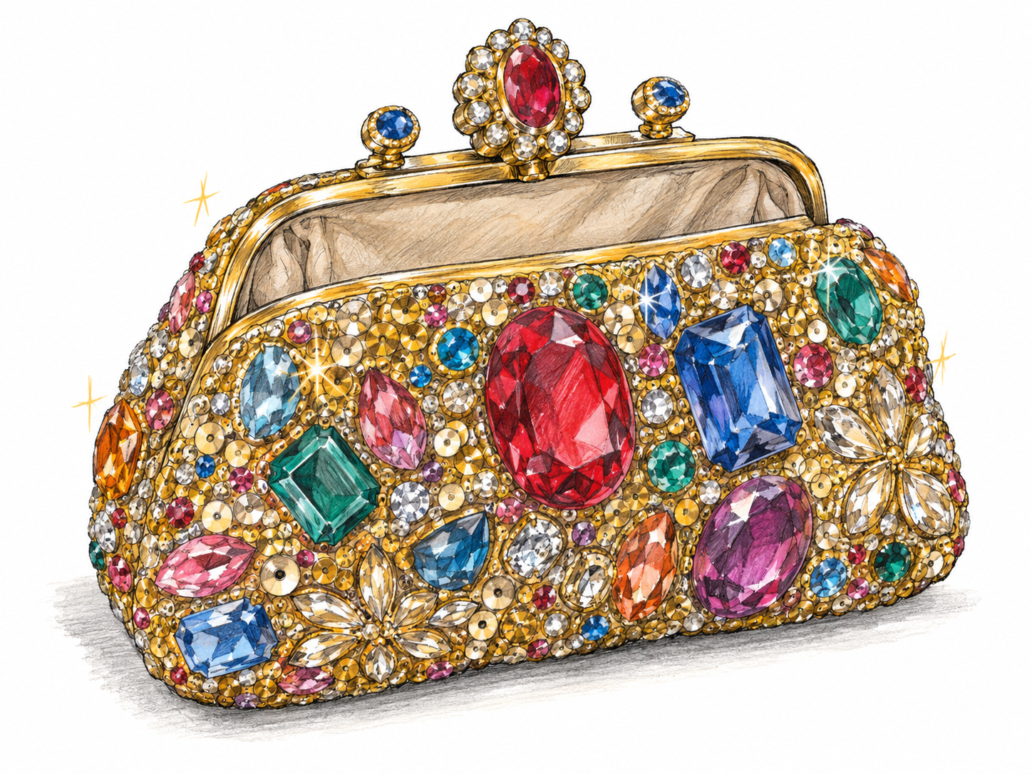 A flashy gold-colored clutch covered in oversized imitation gems and sequins, with its open clasp revealing a plain fabric lining: extravagant surface sparkle rather than understated luxury.