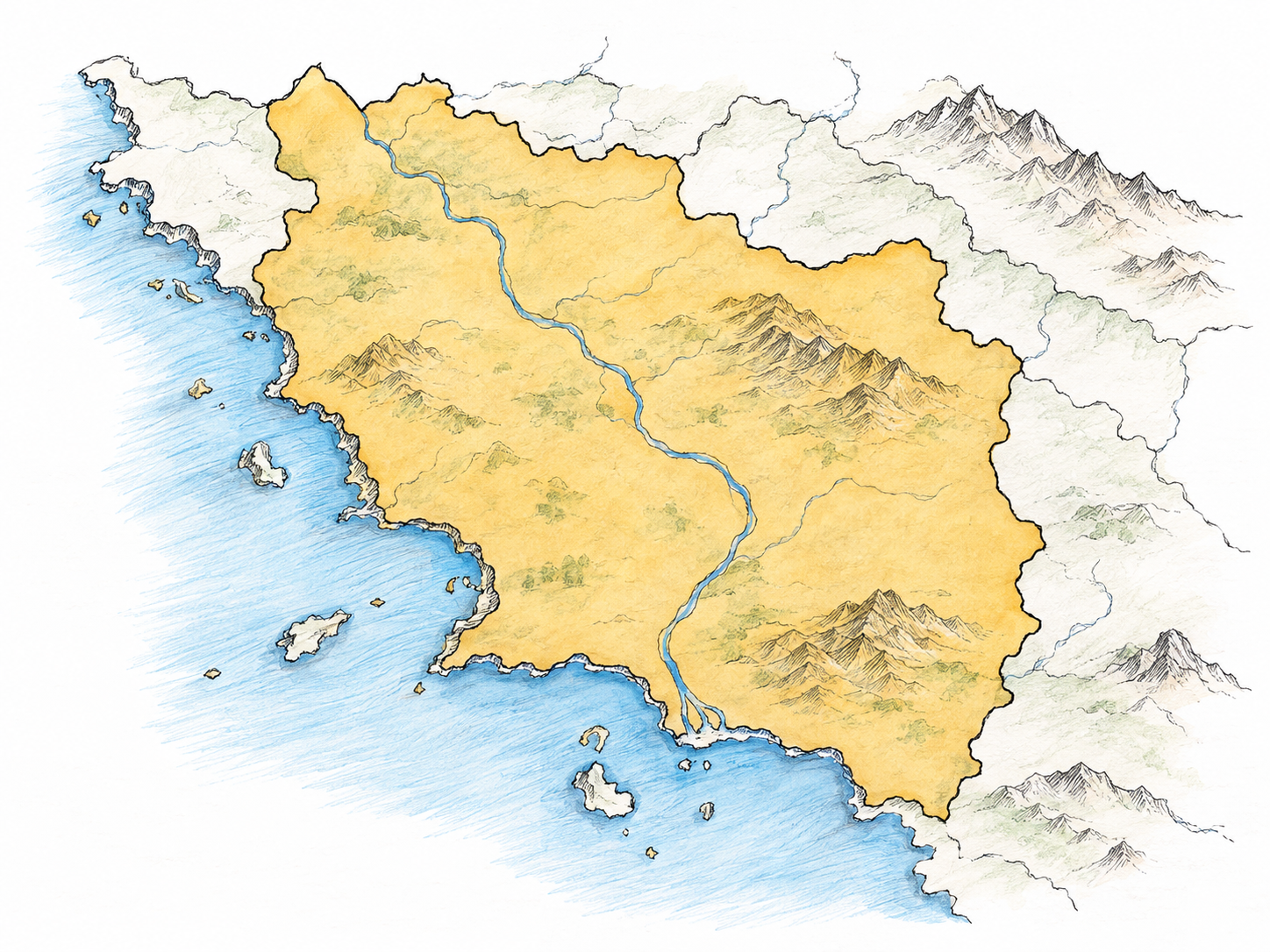 A simple geographic map emphasizes one bounded region as an entire surface area, with a restrained wash covering its interior and geographic features continuing across its boundary.