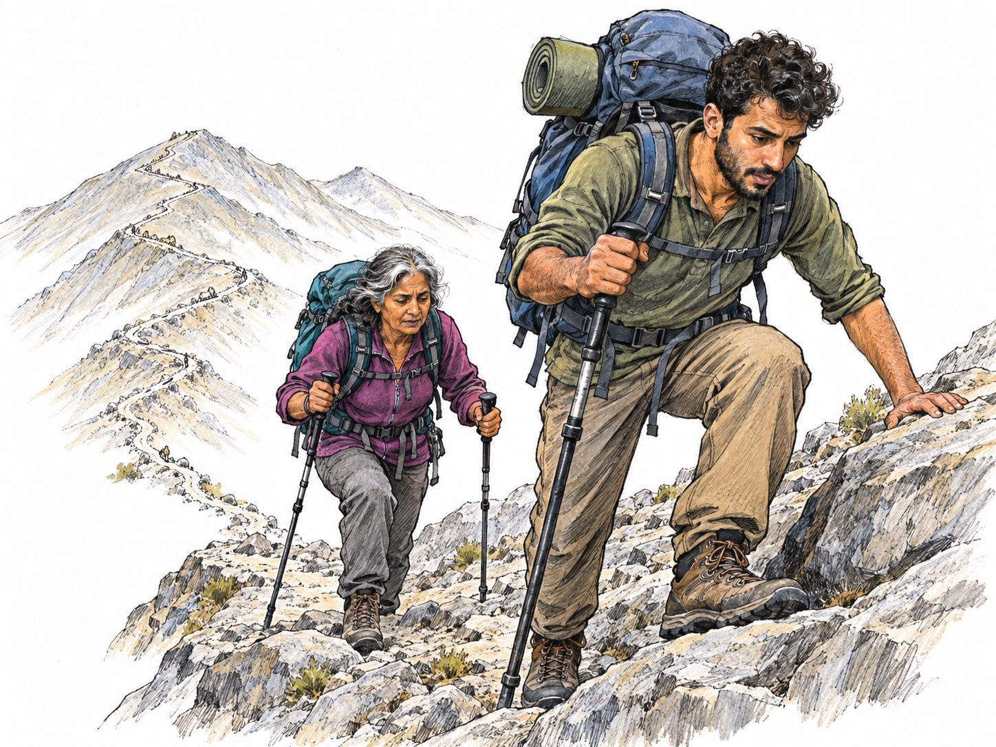 Two heavily laden hikers labor up a steep, rocky trail, with a long winding route visible behind them across several bare ridges.