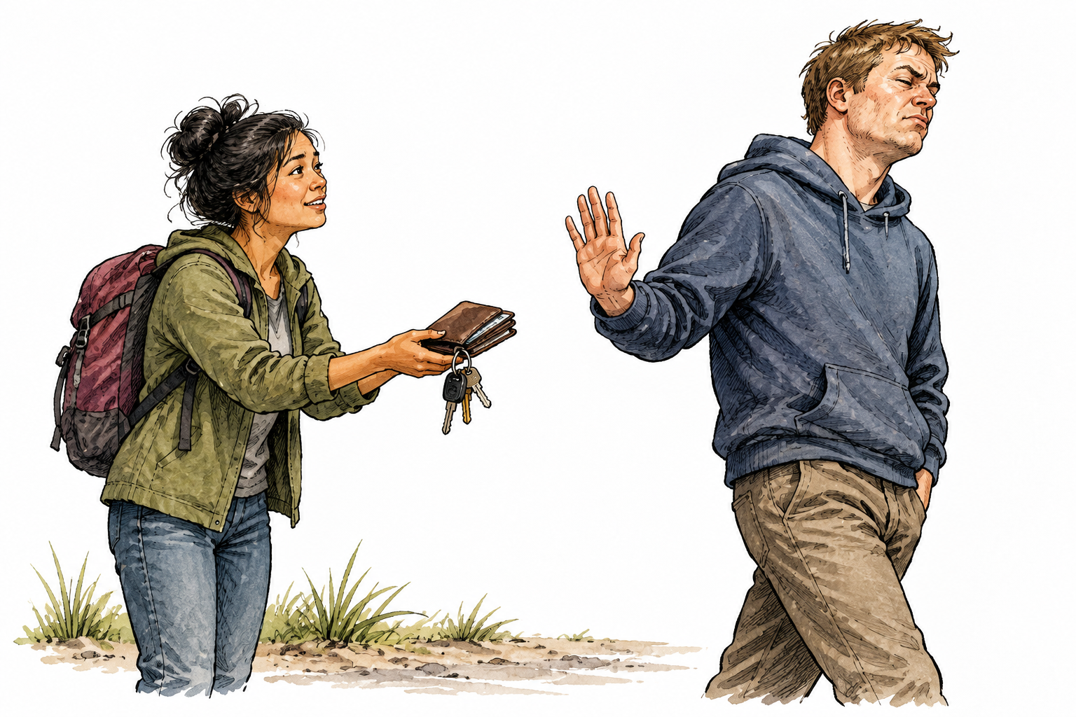 An ungrateful adult dismissively turns away from someone who has just returned their lost belongings.