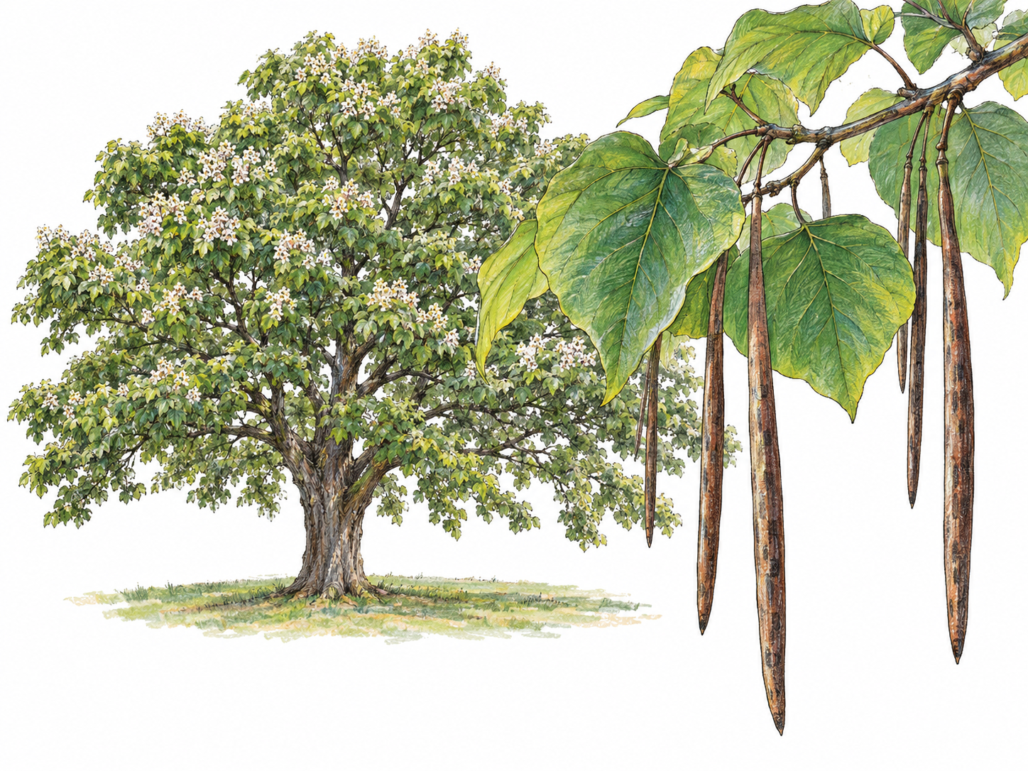 A mature catalpa tree with a broad leafy crown, paired with a prominent foreground branch showing its large heart-shaped leaves and long, slender hanging seed pods.
