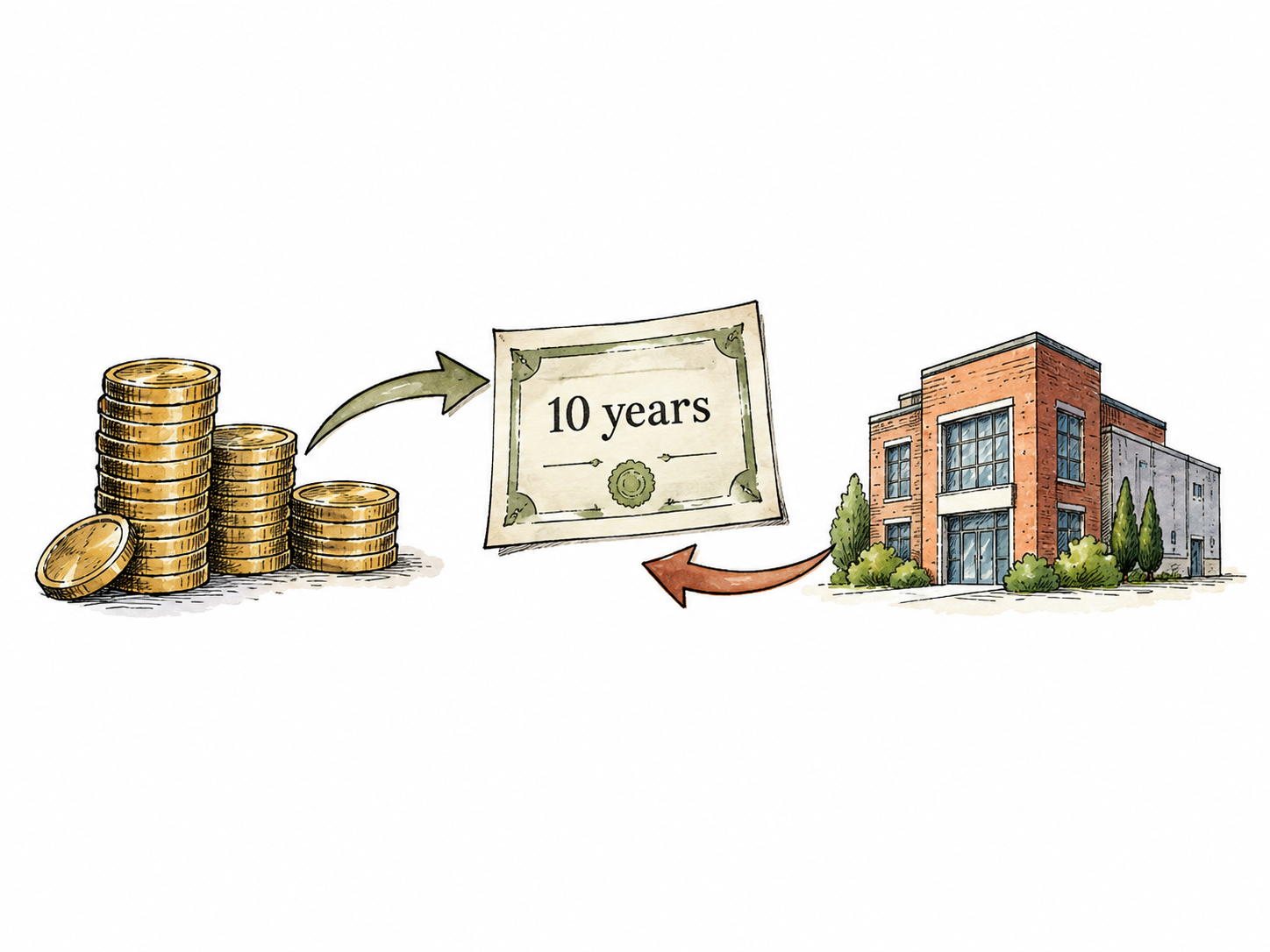 A debt certificate with ONLY essential '10 years' between an investor's coin stack and a small company-building vignette; two opposing arrows show money lent now and promised repayment, no collateral property or labels.