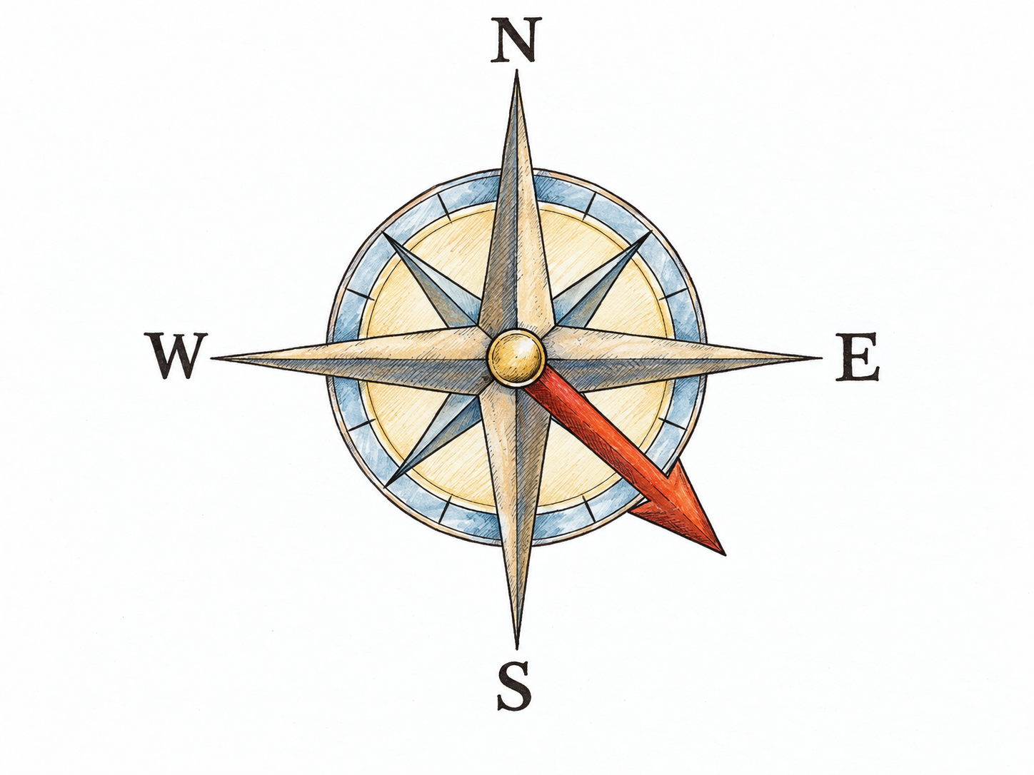A simple compass rose with cardinal markings and a prominent arrow pointing precisely halfway between south and east.