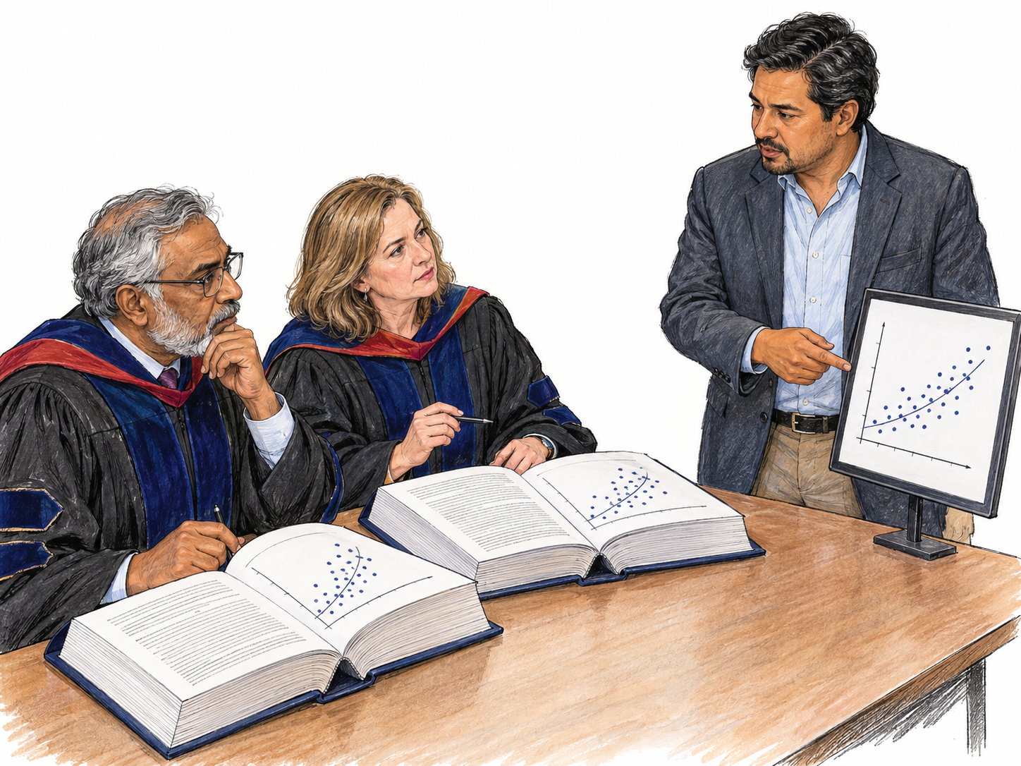 A substantial research manuscript is the focal object in a small advanced-degree oral defense: a candidate presents its plotted findings while two academically robed examiners scrutinize matching bound copies.