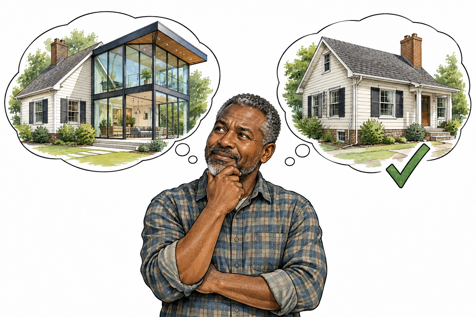 A middle-aged Black homeowner compares a radical glass addition with a modest traditional repair and chooses the cautious repair, no politics.
