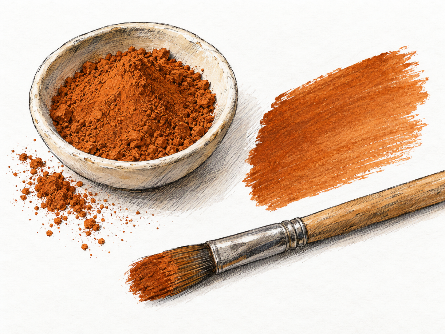 A shallow ceramic dish of brownish-orange earth pigment beside a broad painted swatch in the same sienna hue, with a pigment-stained brush connecting powder to color.