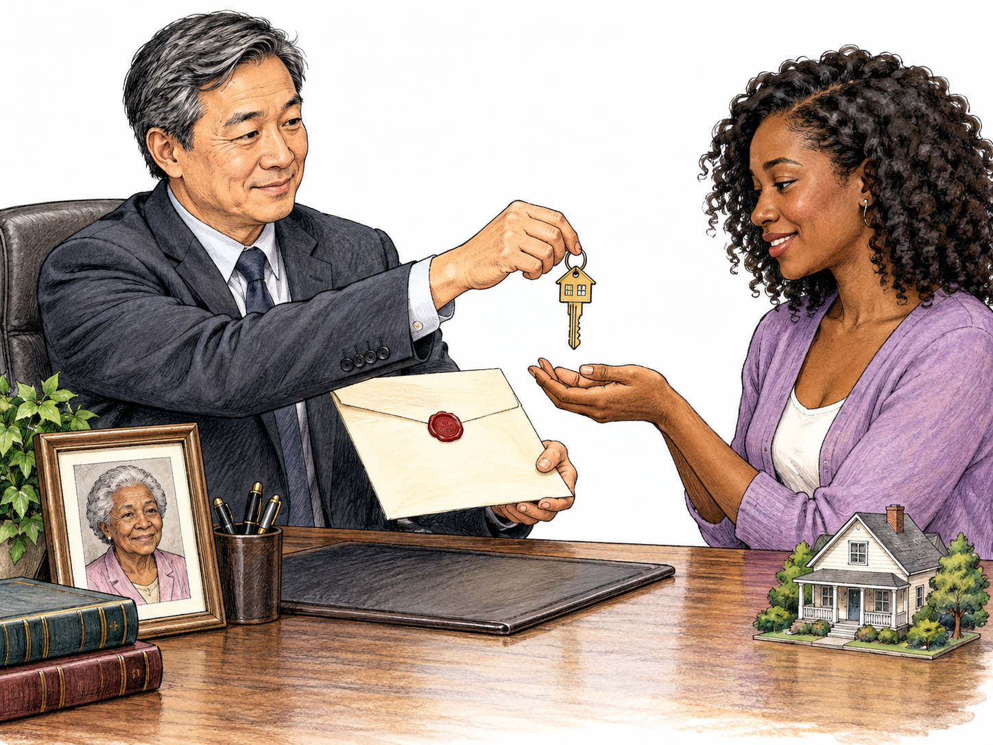 A legal representative hands the woman a house key alongside an unlettered sealed estate document; a small framed portrait of an elderly relative on the desk indicates inheritance rather than a purchase.
