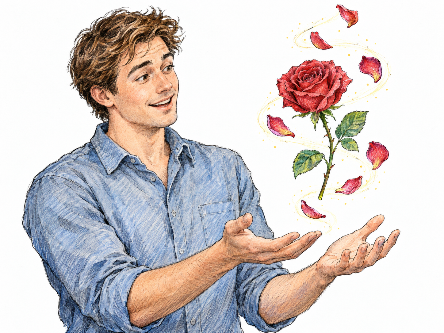 A delighted young man gazes at a rose hovering above his open palms, its petals suspended in a luminous spiral: a concrete magical charm paired with visible wonder.