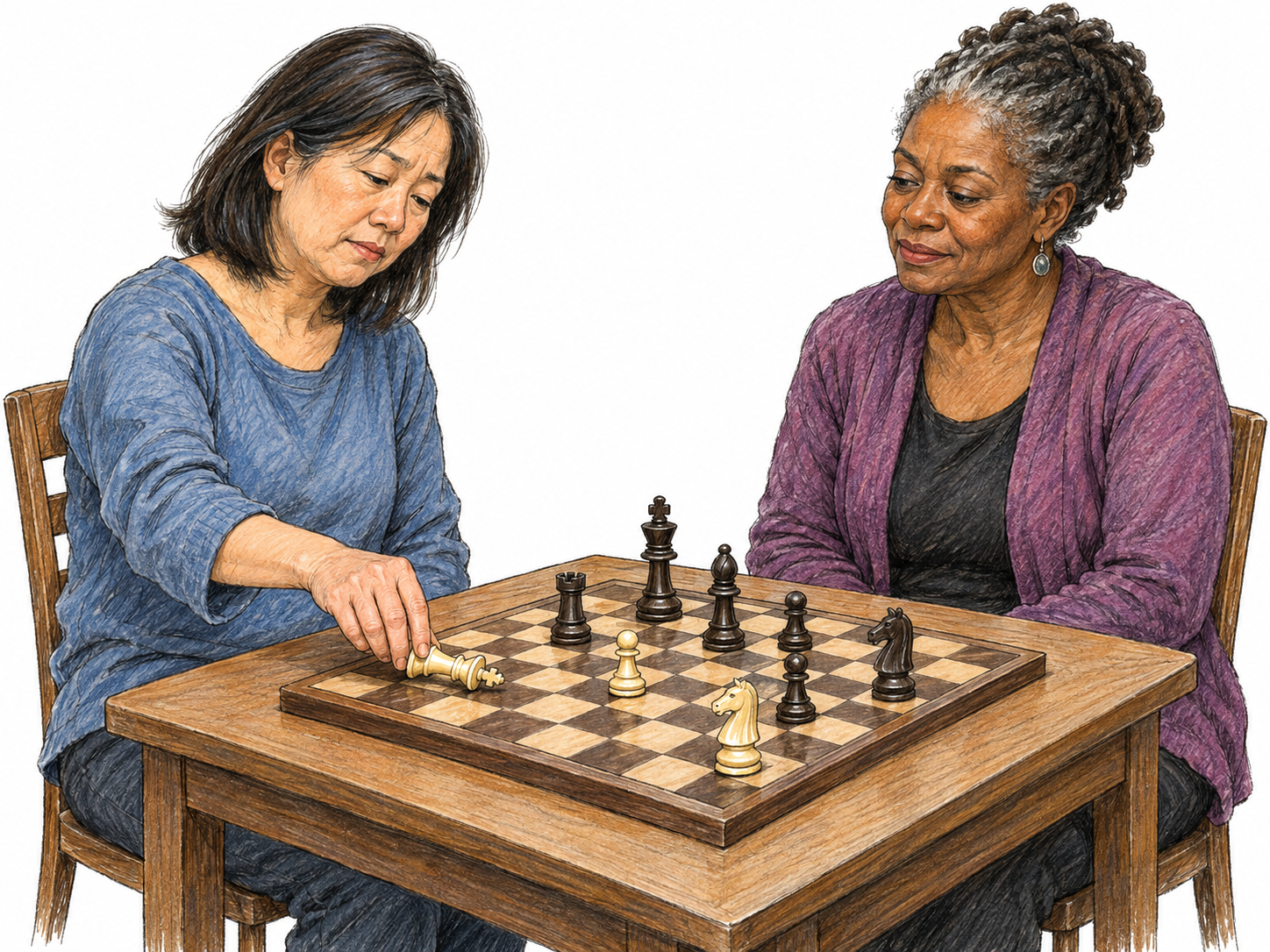 Under pressure in a chess game, a player capitulates by deliberately laying her own king on its side while her opponent watches.
