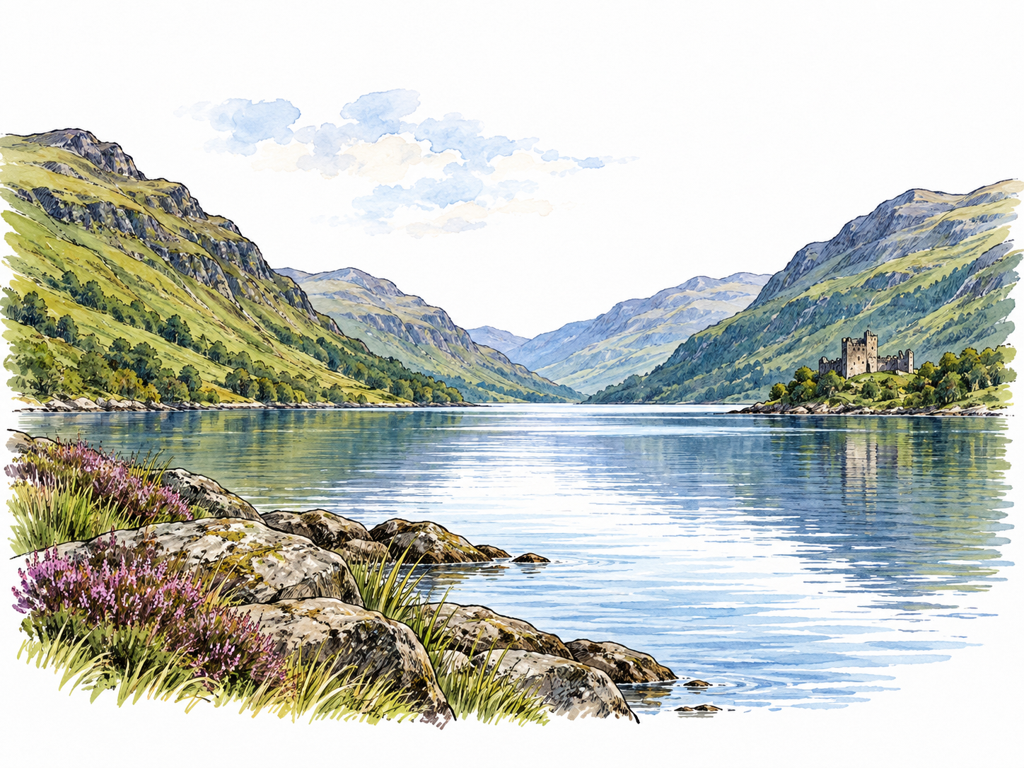 A Scottish loch with long narrow water between green Highland slopes and a distant small stone castle for regional context, clear natural landscape.