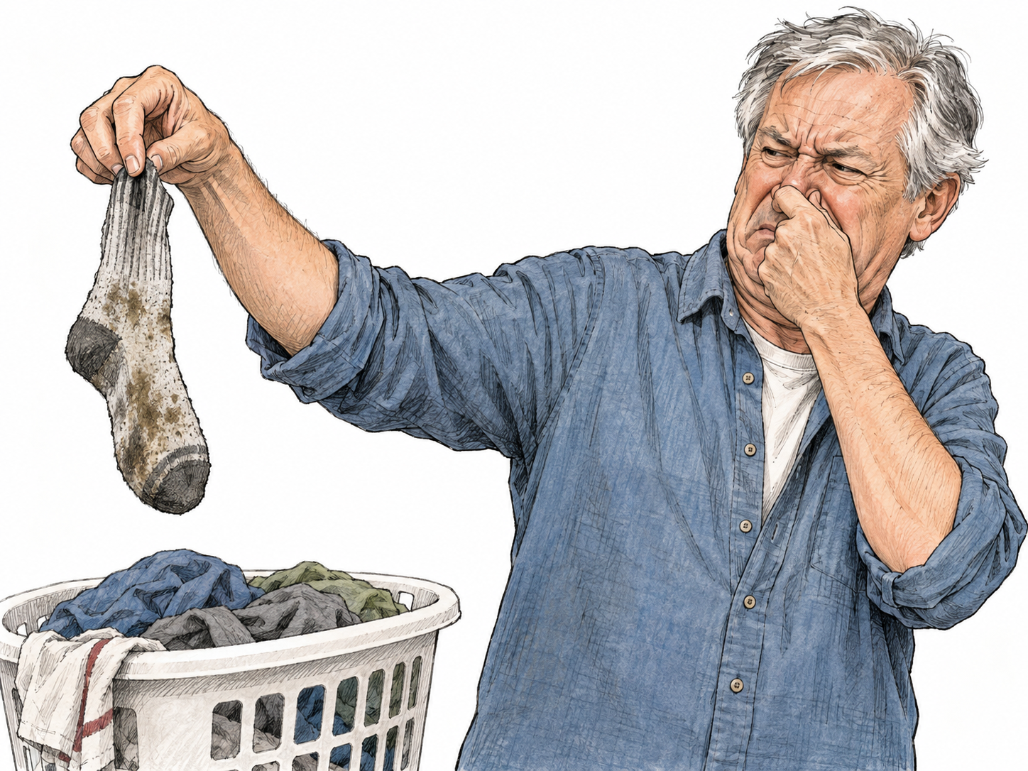An older man holds a limp, stained sock far from his face while pinching his nose and recoiling, making its strong unpleasant smell visible through his immediate reaction.