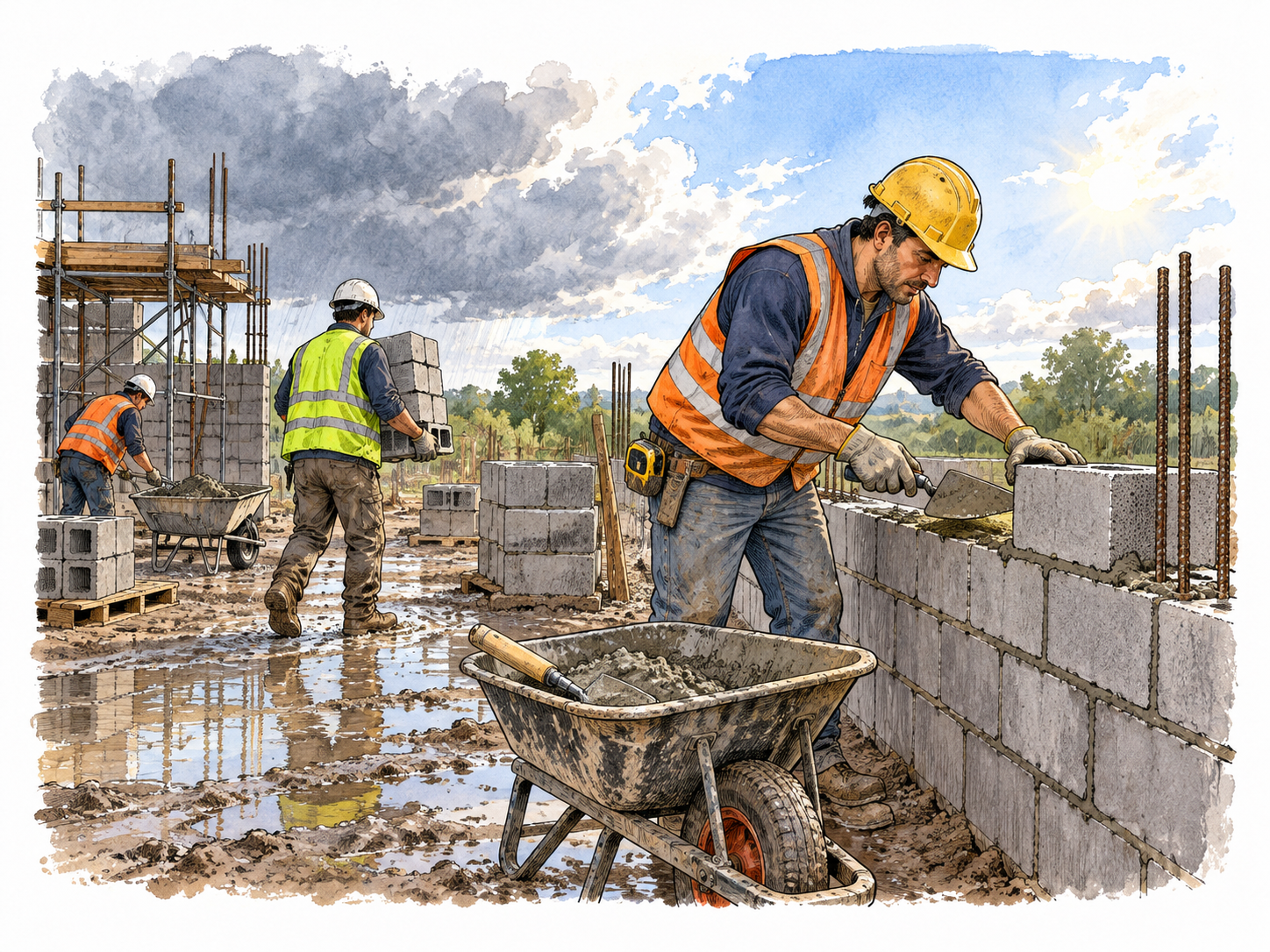 Construction workers return to partly built wall after rain has stopped.
