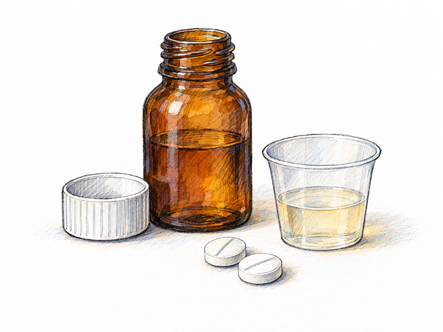 A simple still life of a plain medicine bottle, two tablets, and a small dosing cup, representing a substance used to treat illness.