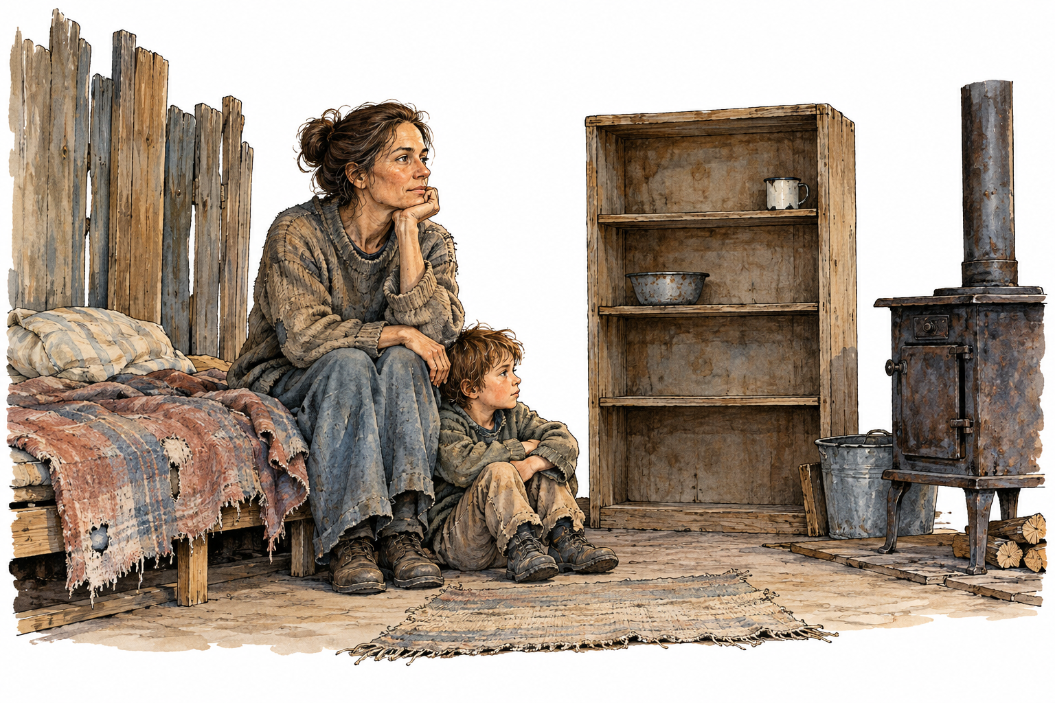 Sparse shelter with empty pantry worn blanket and unlit stove, absence of necessities, dignified scene.