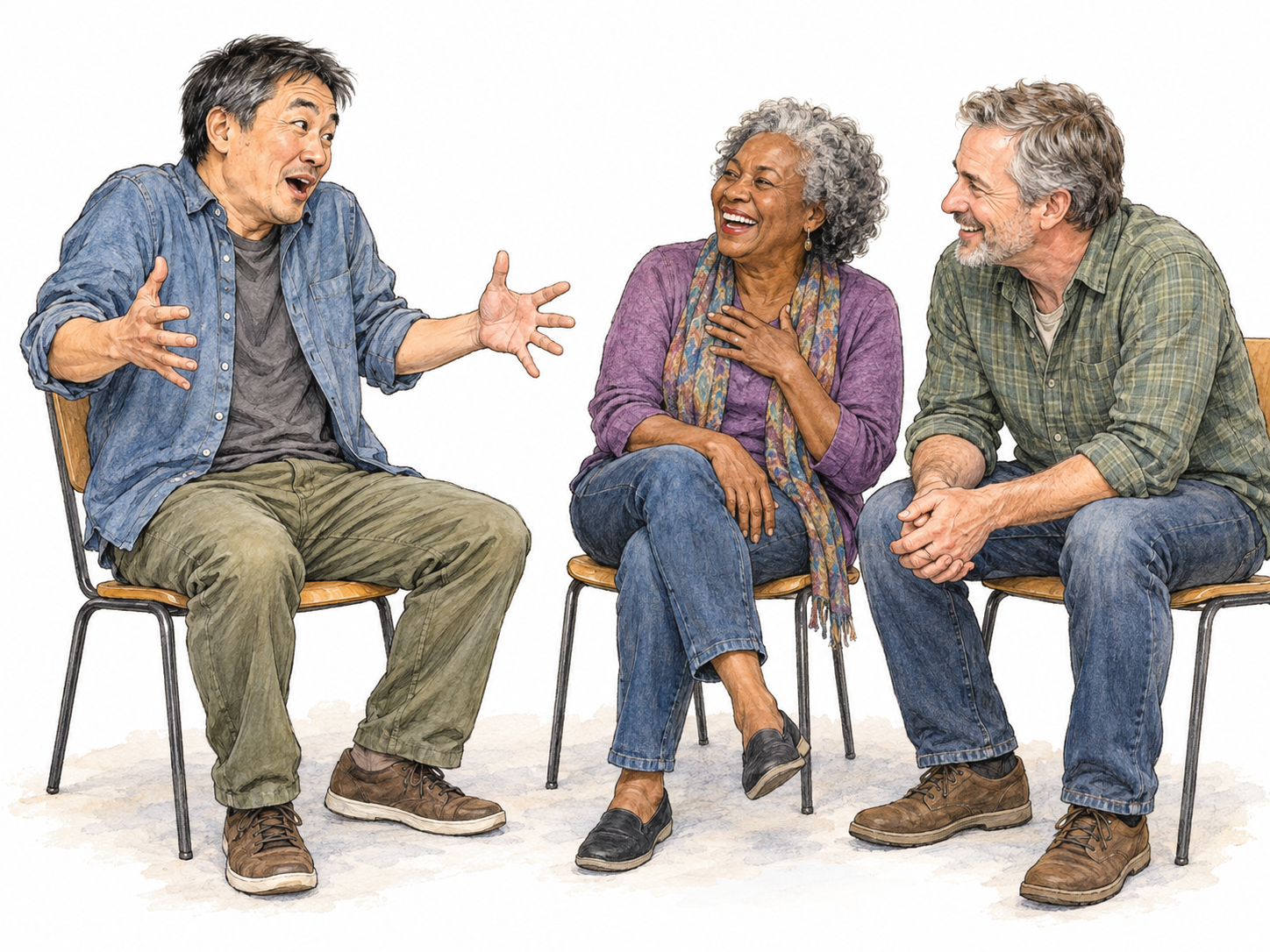 An animated storyteller captivates two friends in a small seated gathering, using a comically exaggerated reenactment gesture while one listener laughs and the other leans forward in delighted anticipation.