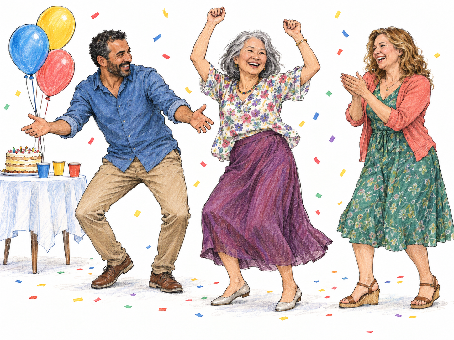 An exuberant party with three adults dancing and clapping beside a small refreshment table, with balloons and scattered confetti making the celebration unmistakable.