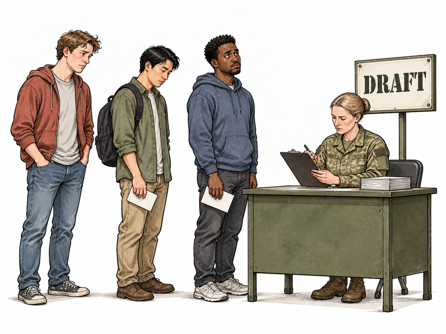 A row of ordinary adult civilians reluctantly queues at an official military enrollment desk, a notice says only DRAFT, compulsory enrollment conveyed by an officer checking attendance, no other text.