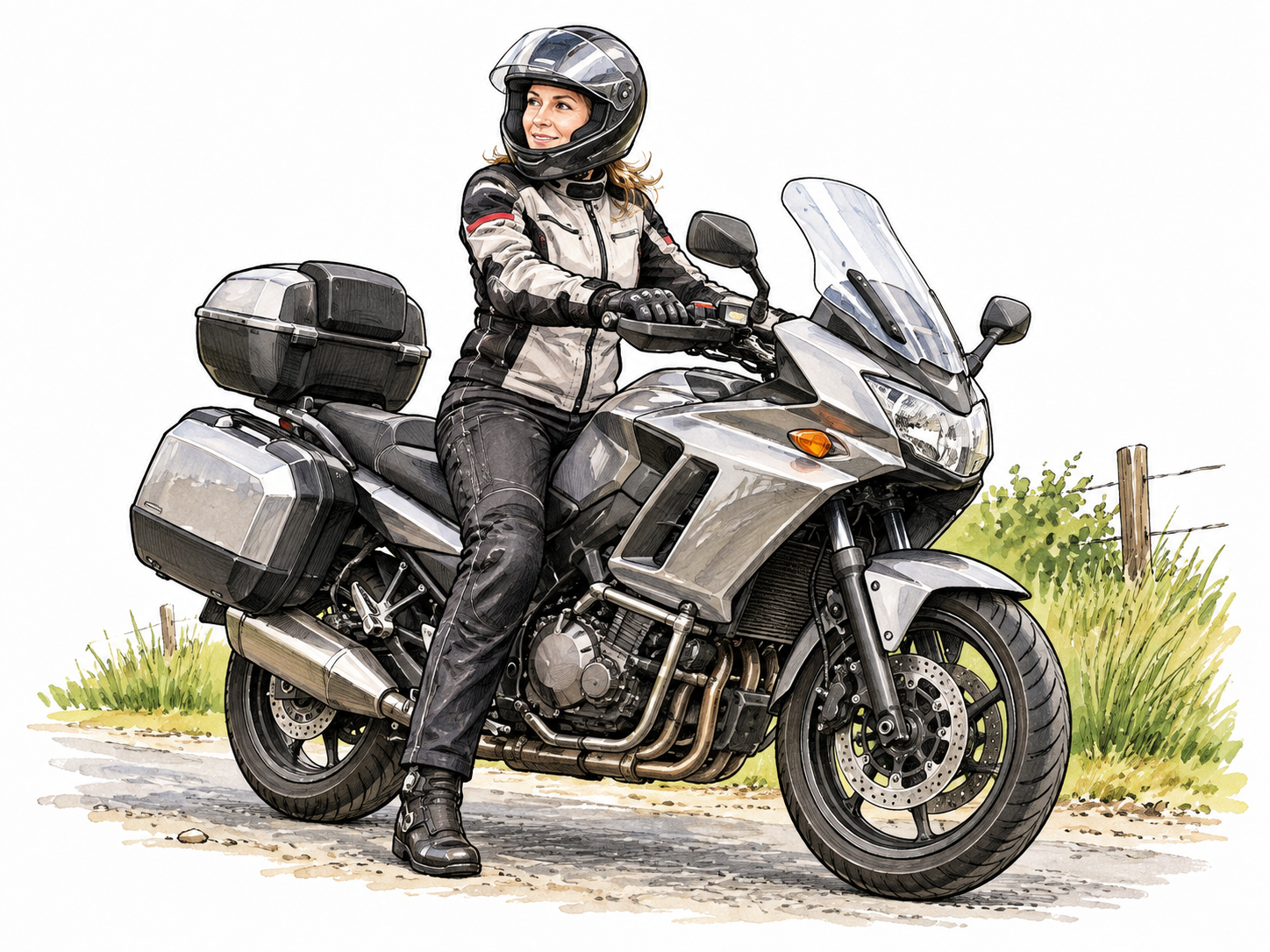 A helmeted adult motorcycle rider sits astride a parked touring motorcycle on a country lane, both hands naturally on handlebars, no brands or numbers.