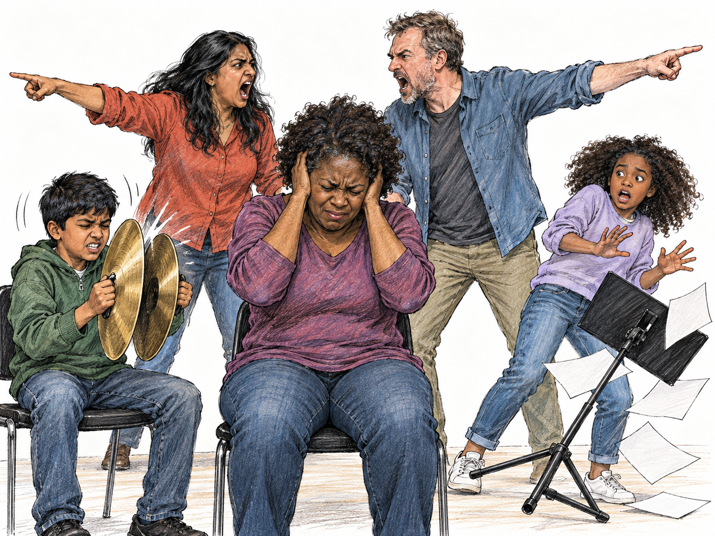 A chaotic community rehearsal: two adults shout conflicting directions as a child crashes cymbals and another knocks over a music stand.