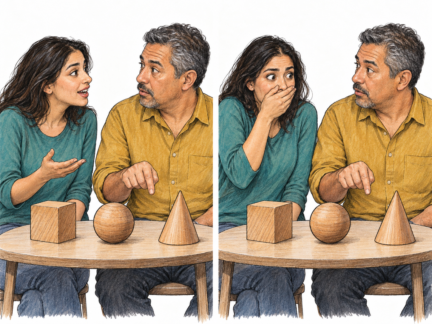 A compact two-moment sequence shows a woman impulsively interrupting a tabletop explanation, then immediately clapping a hand over her own mouth.
