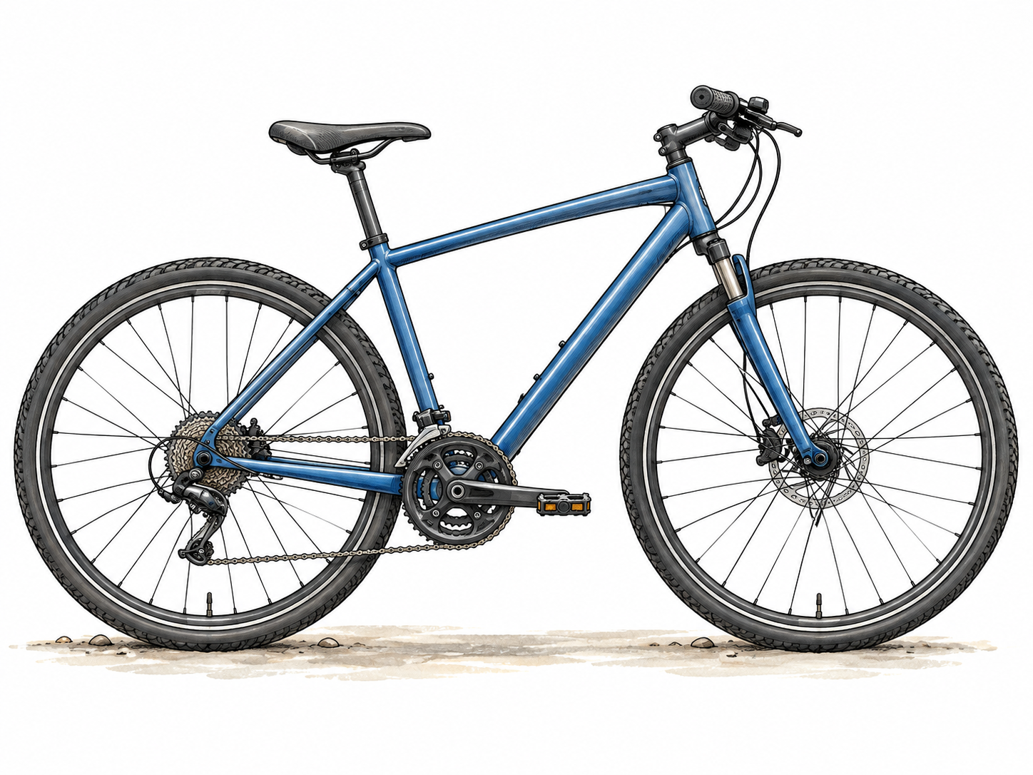 A modern bicycle shown clearly in full side view on a simple white backdrop with minimal ground wash, two equal wheels, chain drive, saddle, handlebars and pedals.