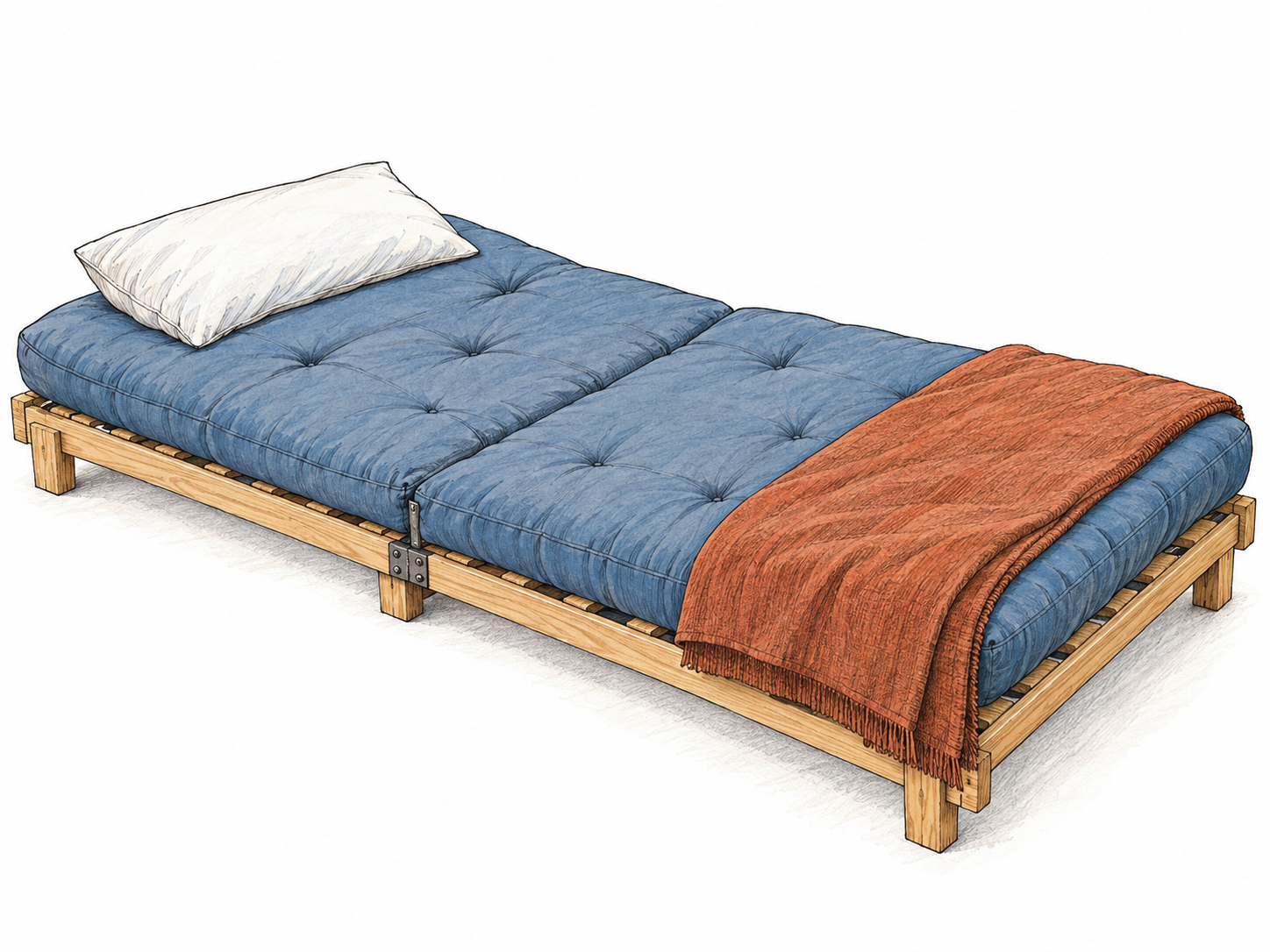 A low wooden futon sofa opened flat as a bed, with a thick flexible tufted mattress, a pillow and a partly folded sleeping blanket.