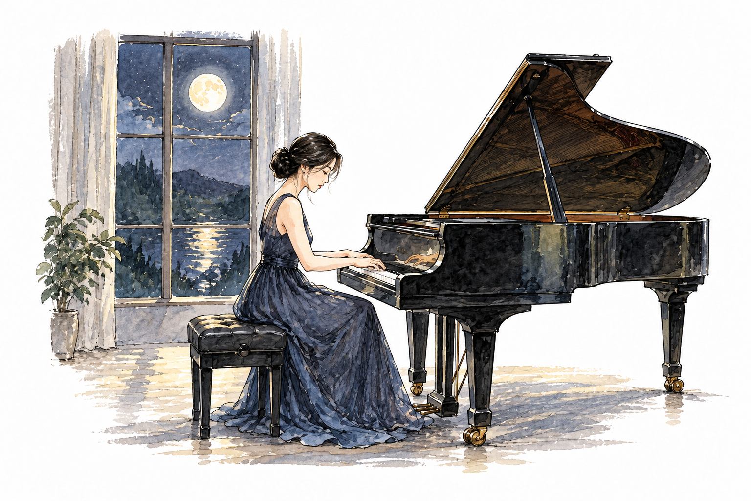 East Asian pianist plays a lyrical composition beside a moonlit window, quiet dreamy mood.
