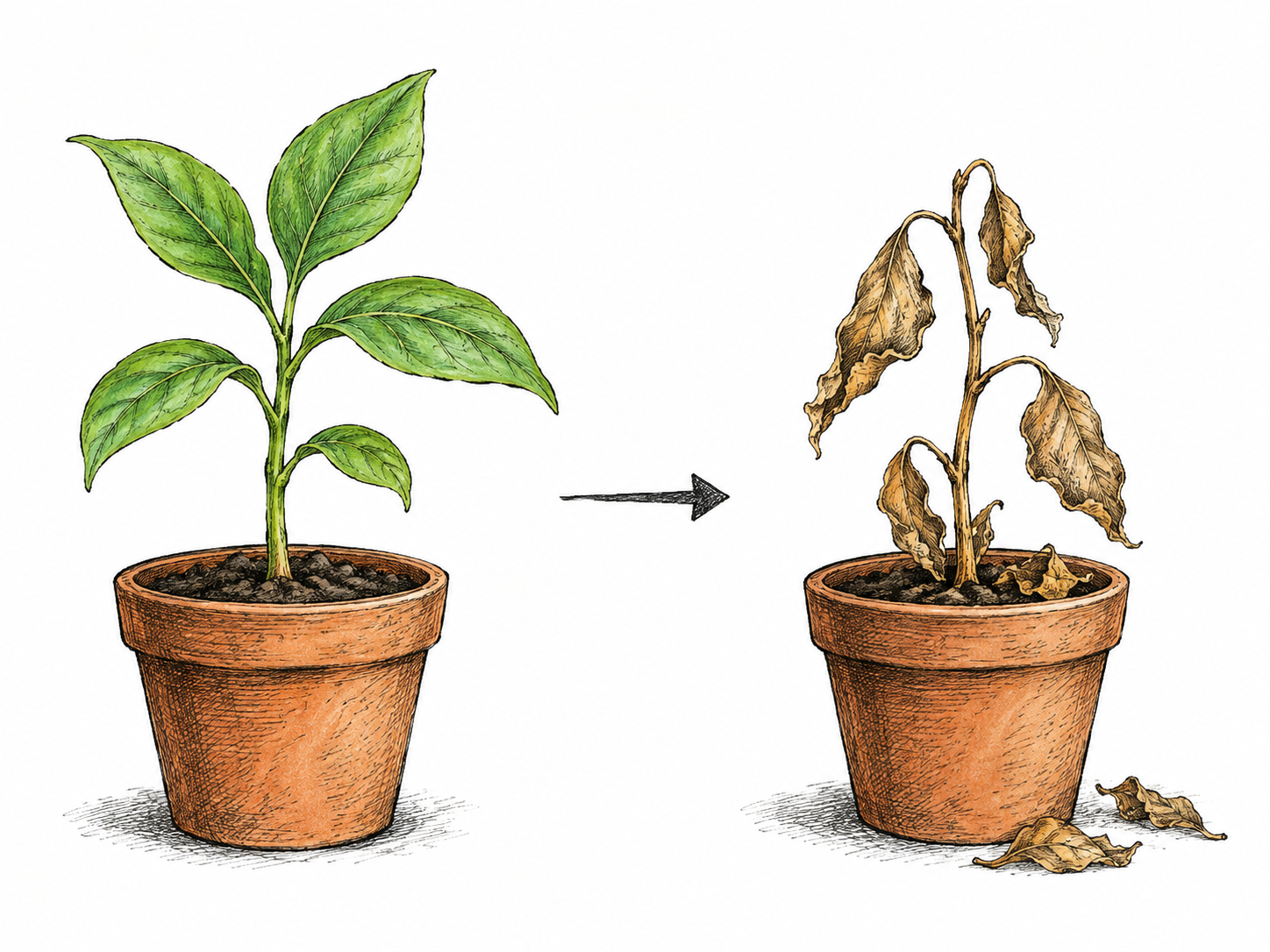 A small green plant withers into a fully dry brown plant in two compact stages, showing cessation of life; no reversible wilt represented as definite death.