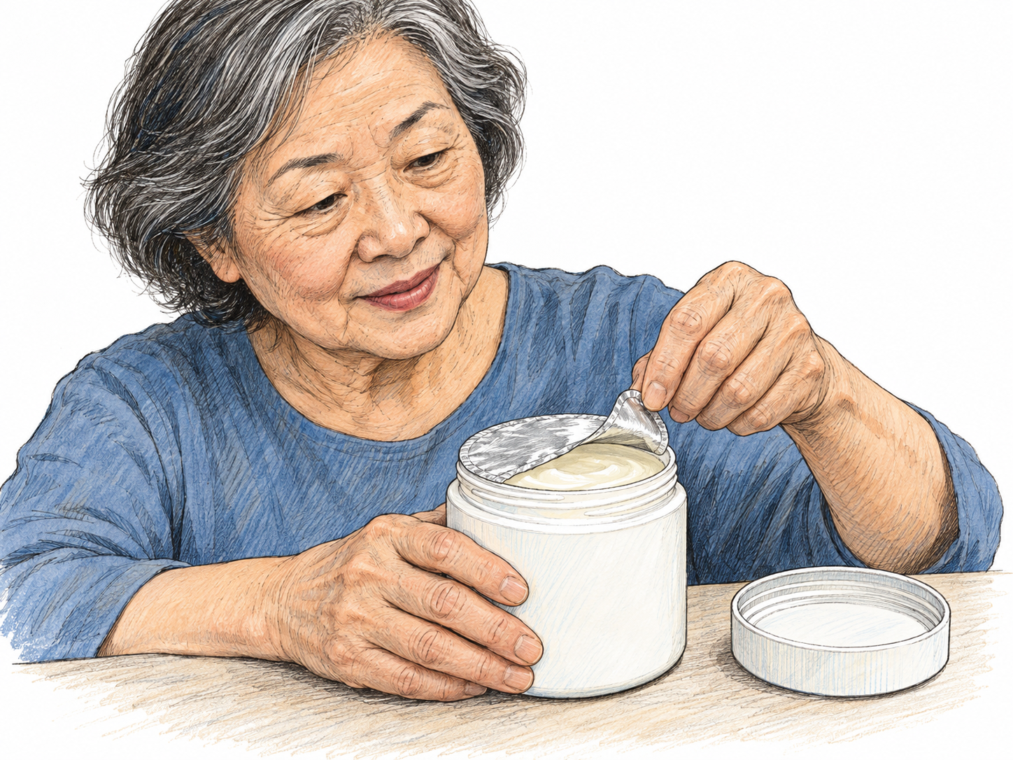 An older woman peels an intact foil seal back from the mouth of a newly opened jar, visibly exposing its contents.