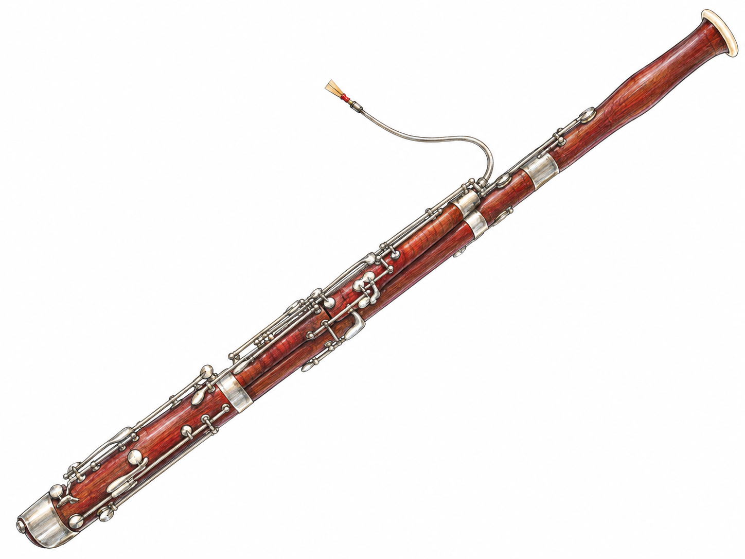 An isolated, complete bassoon shown diagonally, with its characteristic long reddish-brown wooden body, shorter parallel joint, silver keywork, curved metal bocal, and exposed double reed clearly visible.