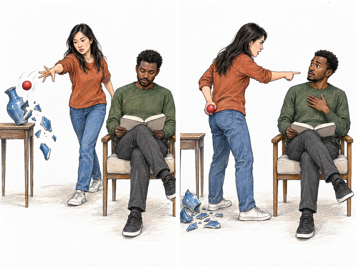 A two-panel sequence shows a woman breaking a vase with a ball, then verbally blaming an uninvolved man while hiding the ball behind her back.