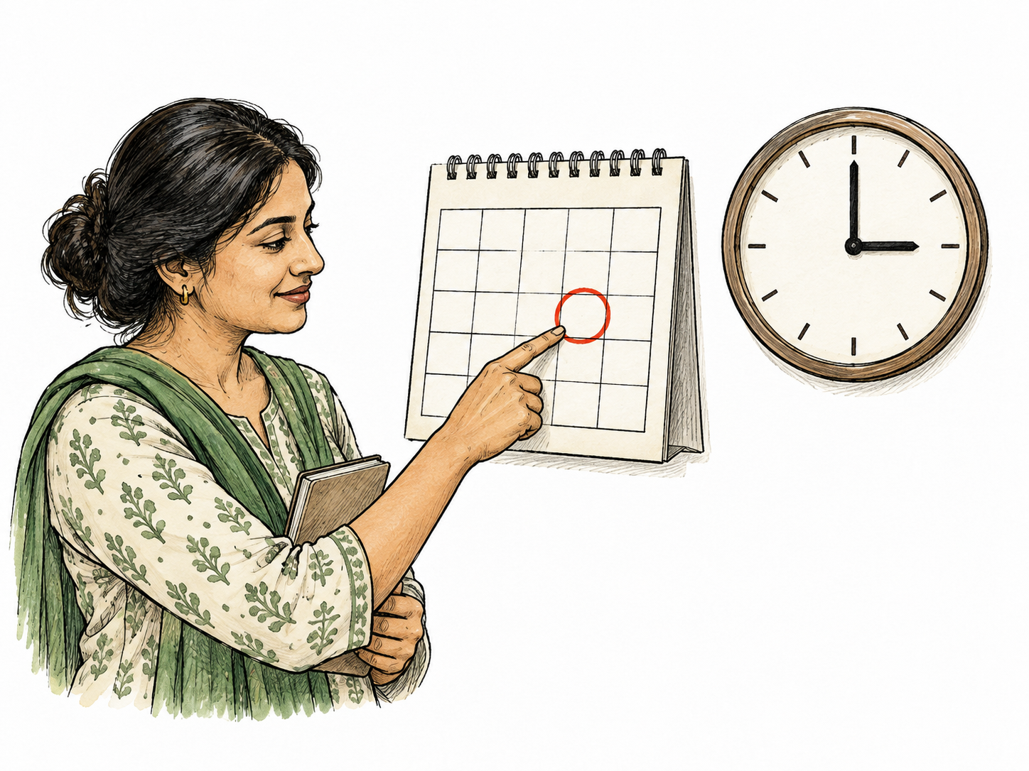 A precise meeting arrangement illustrated by a person decisively pointing at one clearly circled square on a plain calendar grid beside an analog clock showing three oclock.