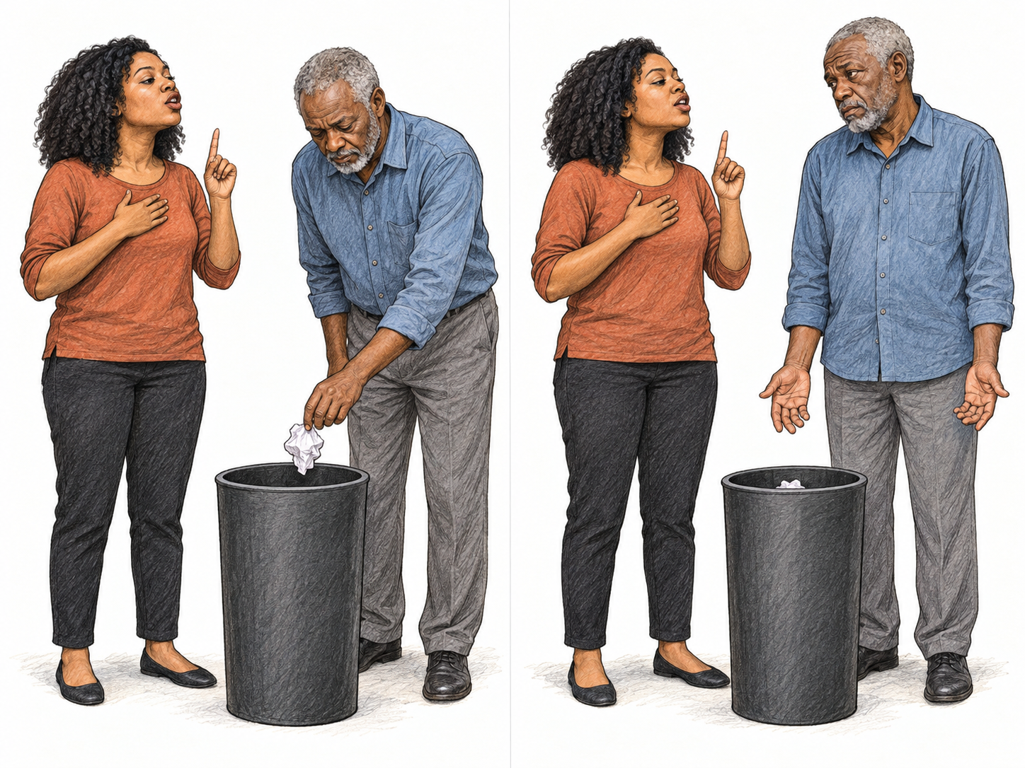 A minor lapse has already been put right, but the speaker keeps delivering a self-righteous lecture: a compact two-panel sequence shows litter being disposed of, followed by continued finger-raised preaching to the visibly weary person who corrected it.