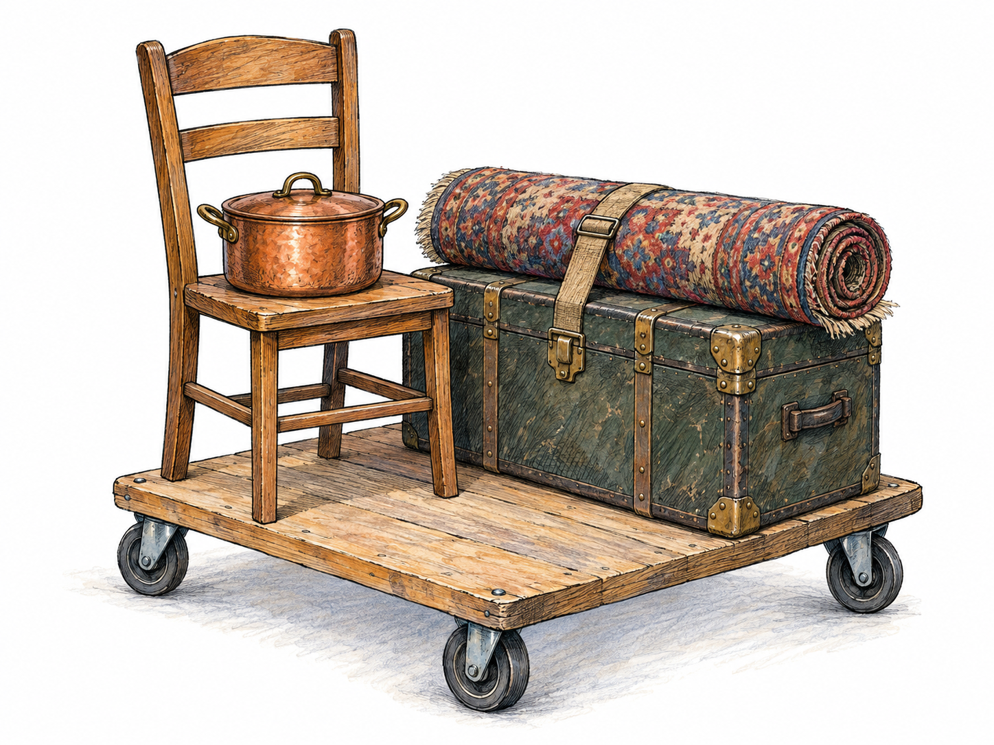A compact group of movable household possessions: a wooden chair, a rolled rug, a closed travel trunk, and a copper cooking pot gathered on a low wheeled platform.