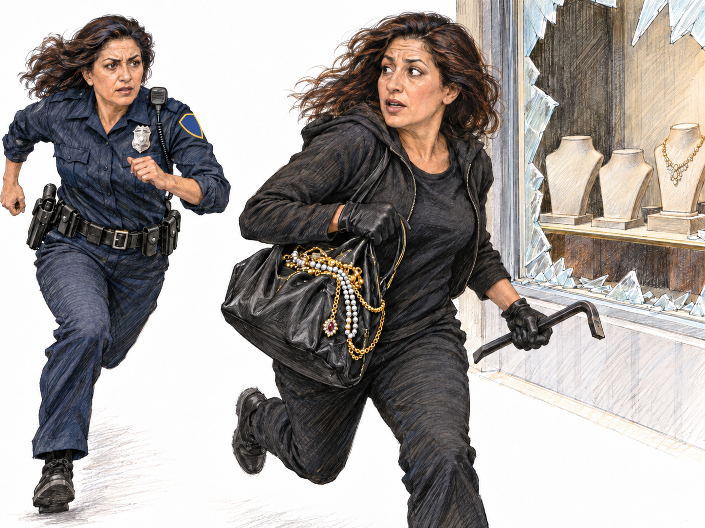 A burglar escapes through a smashed jewelry-shop window carrying stolen necklaces while a uniformed police officer pursues her, making both lawbreaking and flight visible.