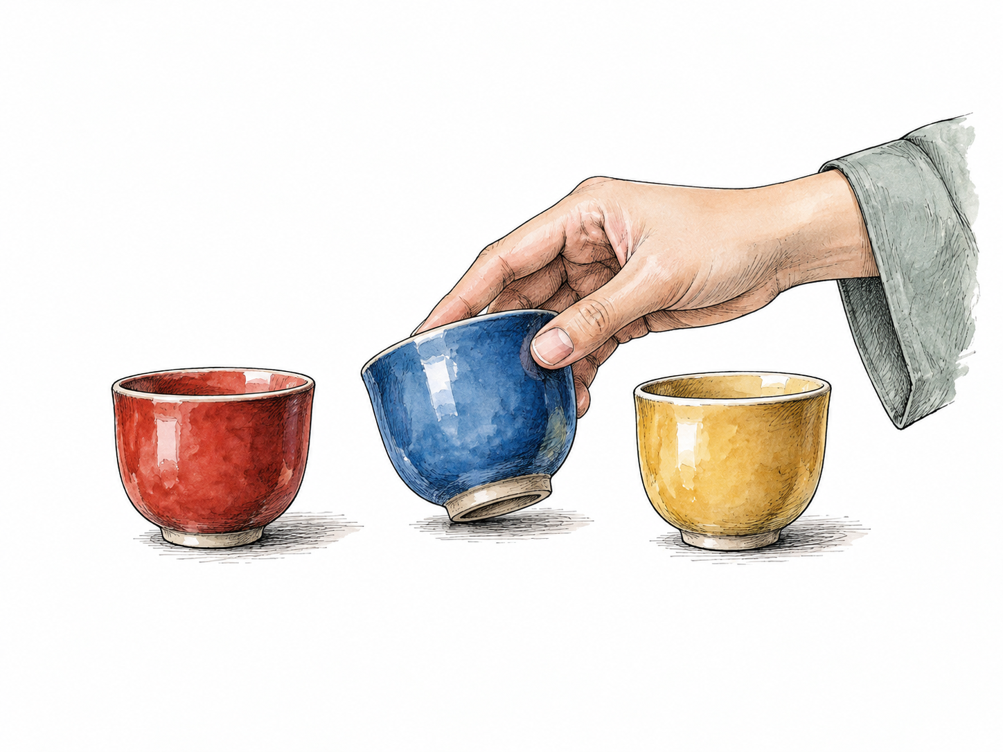 A small collection of three otherwise identical ceramic cups with one salient attribute different in each: red glaze, blue glaze and yellow glaze.