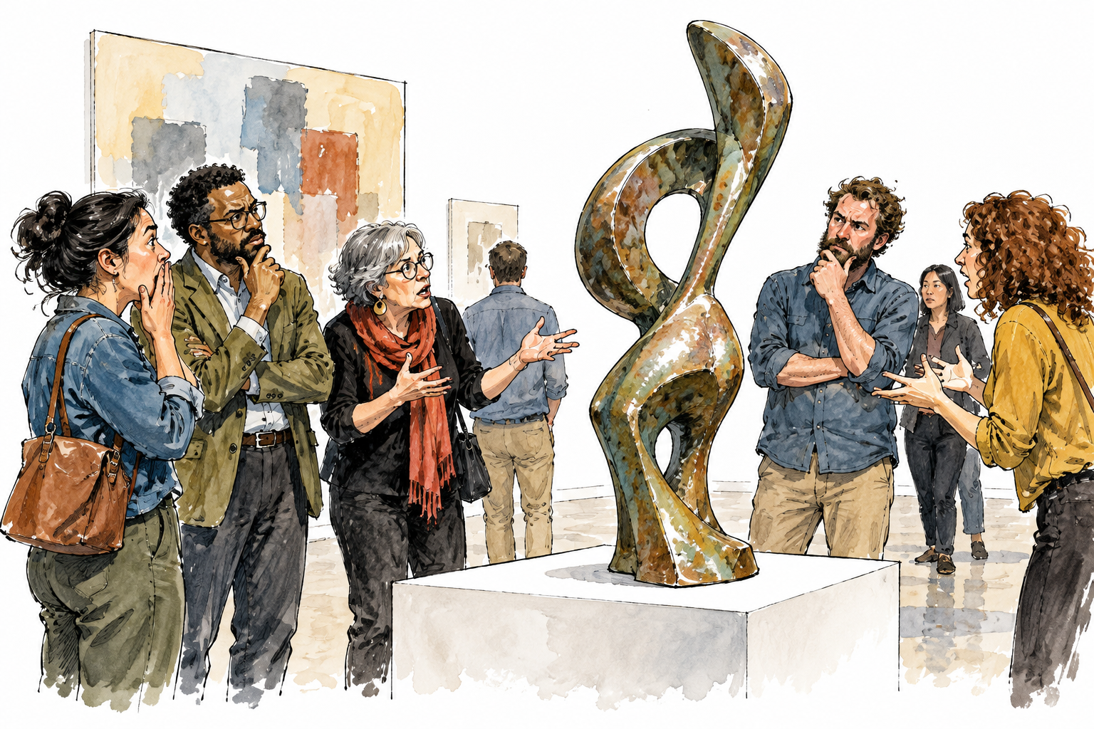 An unconventional sculpture in a public gallery sparks strong surprised and debating reactions among diverse adult visitors.