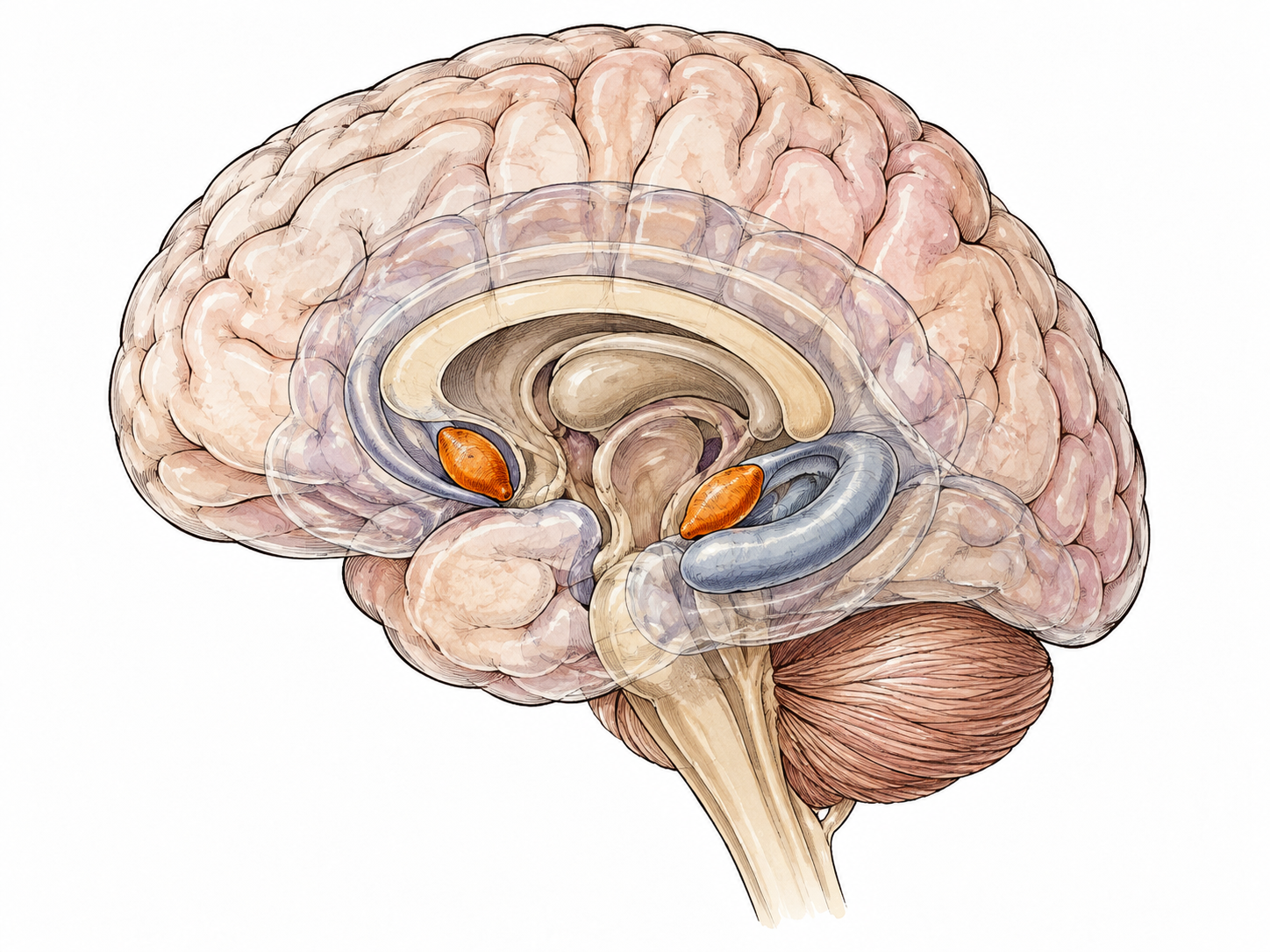 An educational transparent brain model highlights the two small almond-shaped amygdala structures deep in the temporal lobes, no text.