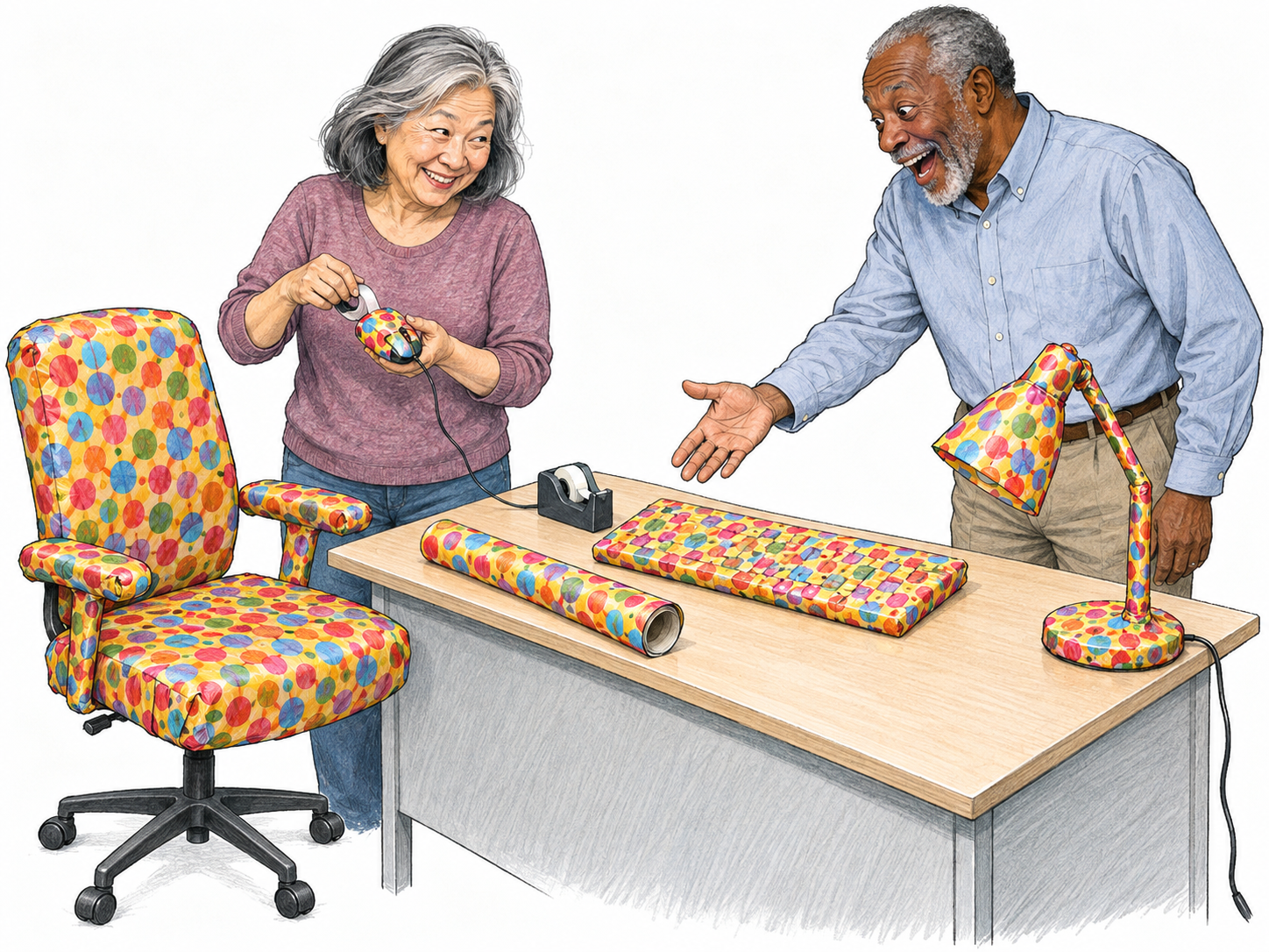 An older woman carries out an elaborate, harmless office prank by gift-wrapping a colleague’s chair, keyboard, mouse and desk lamp.