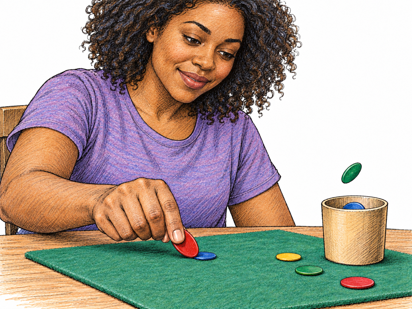 Close tabletop view of a player using a larger disk to press the edge of a small disk, with another small disk airborne above a low cup and several colored disks scattered on the playing mat.