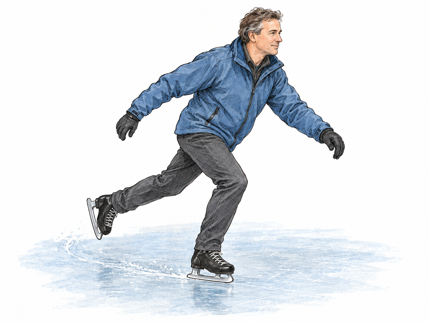 A single man glides across ice on clearly visible bladed skates, balancing over a bent supporting leg with his other leg extended behind after a push.