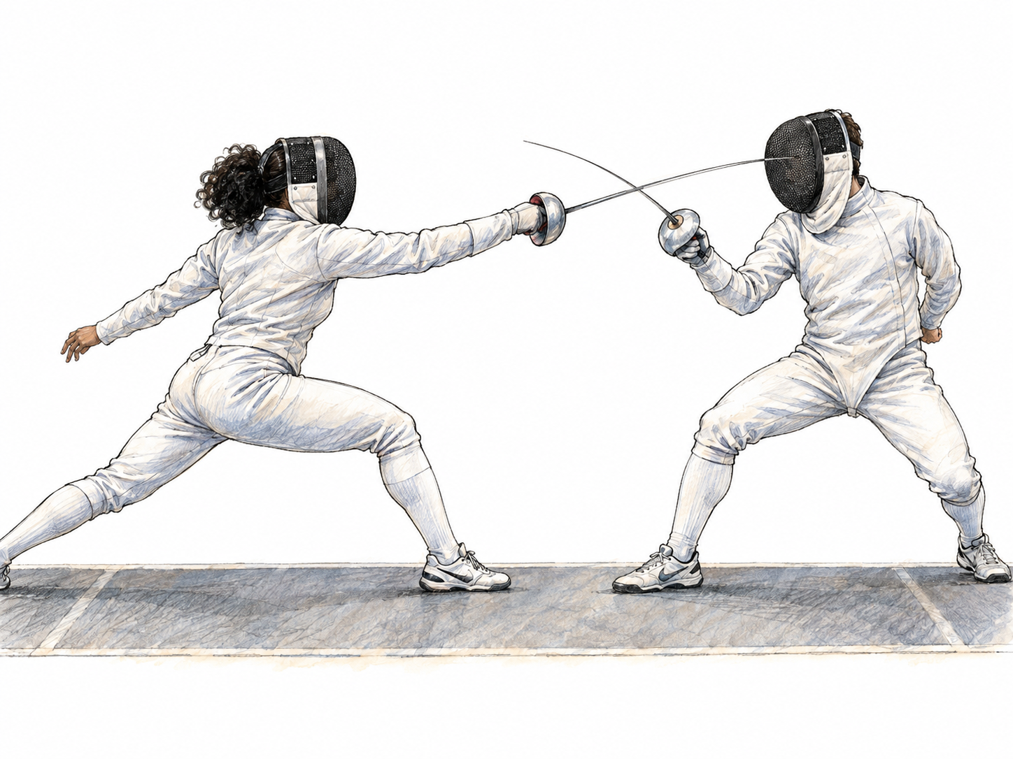 Two protective-equipped fencers actively exchange a lunge and parry, making both visibly engaged participants in a fight rather than spectators or people merely holding weapons.