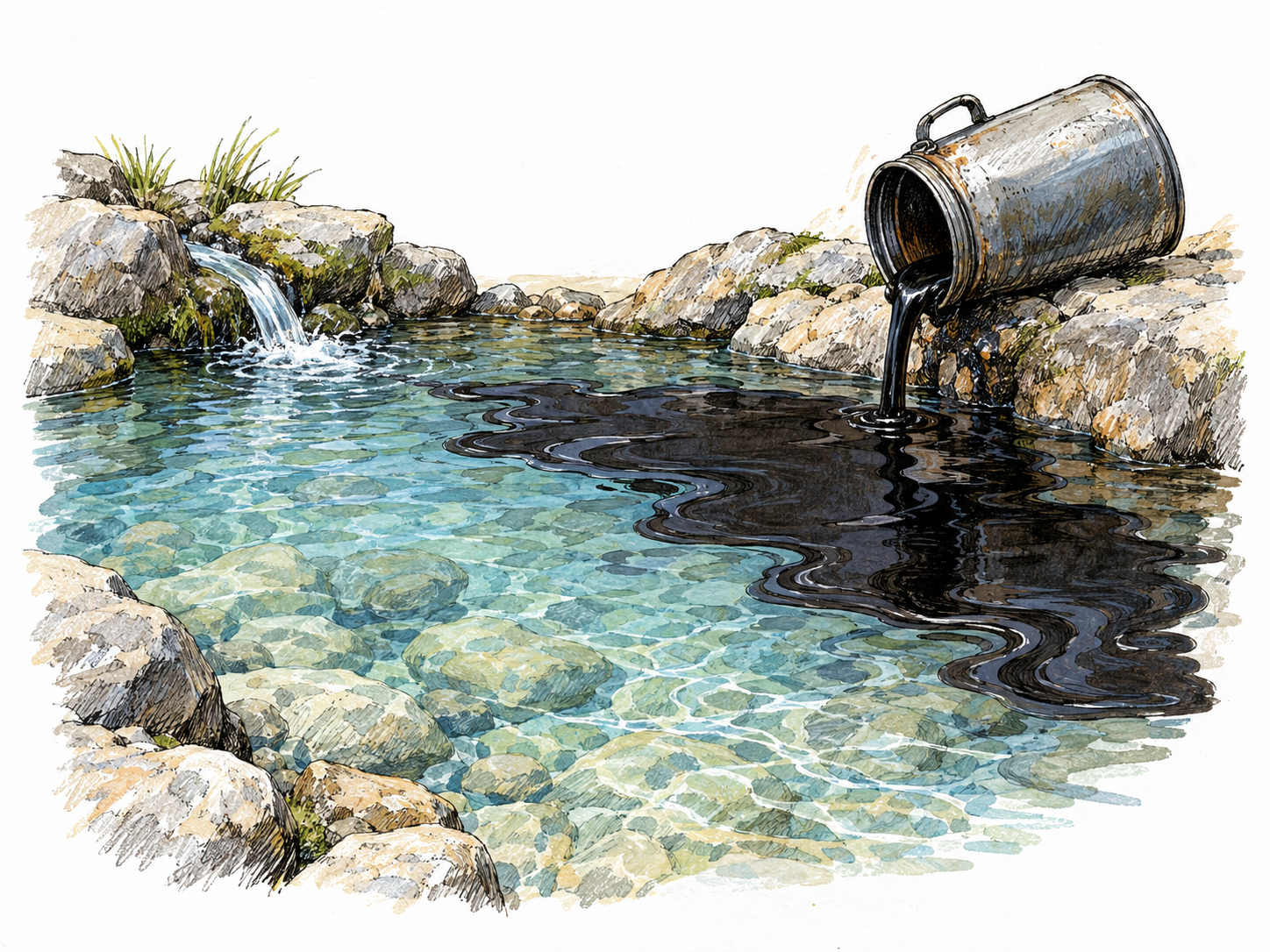 A tipped oil can spills thick black oil into a clear, shallow pool of spring water, visibly spoiling its purity.