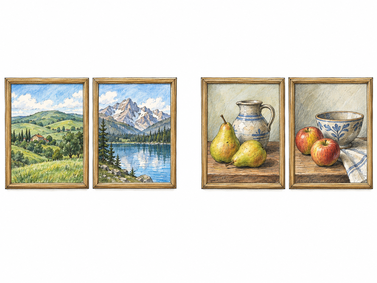 Two clearly separated groups of framed paintings show artistic genres: two landscapes together and two still lifes together.